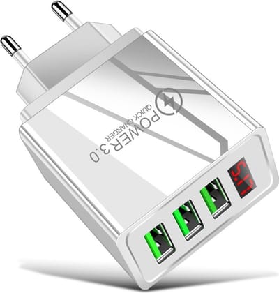 DrPhone Q5 Thuislader - 3 Poorten met Digitale Display - USB 3.1A – Geschikt voor Tablets / Smartphones - Oplader - Wit