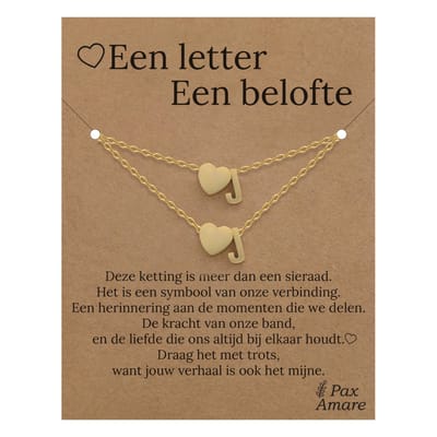 Letter J ketting + armband set op Cadeau Kaartje - Een letter, een belofte - Goudkleurig Stainless Steel - Initiaal & Hartje Hanger - Pax Amare