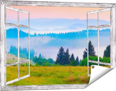 Gards Tuinposter Doorkijk Mistige Heuvel Landschap met Bossen - 90x60 cm - Tuindoek - Tuindecoratie - Wanddecoratie buiten - Tuinschilderij