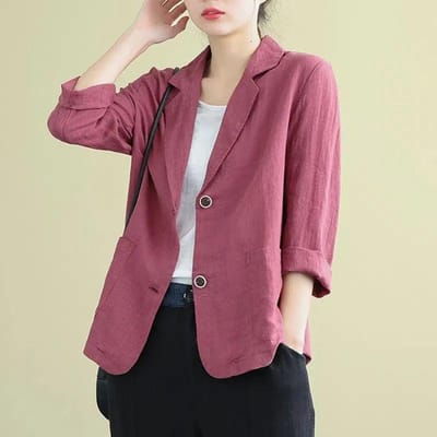 Dames katoenen en linnen kostuumjasje, losse, casual, lange mouwen kostuumtop L roze