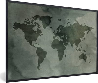 Poster in lijst - Fotolijst 90x60 cm - Posters - Wereldkaart - Waterverf - Grijs - Posterlijst zwart - Decoratie - Wanddecoratie woonkamer - Muurdecoratie slaapkamer