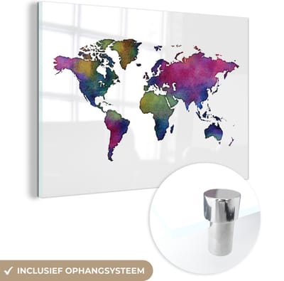 ® Glasschilderij 150x100 cm - Schilderij acrylglas - Wereldkaart - Waterverf - Kleur - Foto op glas - Muurdecoratie woonkamer - Wanddecoratie slaapkamer - Schilderijen