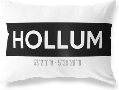 Tuinkussen HOLLUM - FRIESLAND met coördinaten - Buitenkussen - Bootkussen - Weerbestendig - Jouw Plaats - Studio216 - Modern - Zwart-Wit - 50x30cm