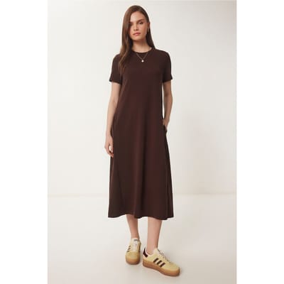 Midi-jurk met korte mouwen en ronde hals