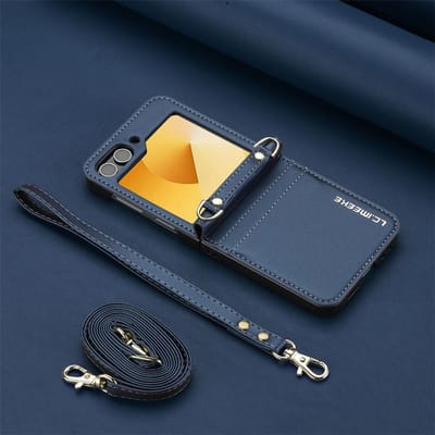Crossbody Portemonnee Hoes Voor Samsung Galaxy Z Flip 6 5 4 3 Flip6 Flip5 Flip4 Flip3 5G Kaarthouder Handriem Lanyard Lederen Hoes For Samsung Galaxy Z Flip4 gray