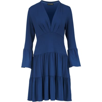 Blauwe jersey gestreepte jurk