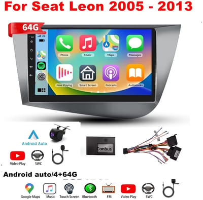 Autoradio-4+64G autoradio voor Seat Leon 2005-2013 9-inch Android 14 autoradio voor Seat Leon 2005-2013 met draadloze verbinding voor CarPlay/Android Auto/GPS-navigatie/Bluetooth/WiFi/Mirror Link/SWC + achteruitrijcamera