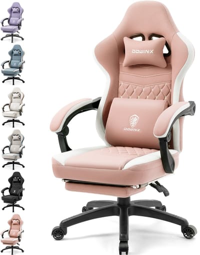 Dowinx Gamingstoel met Pocketvering - Gamestoel - Ergonomische Bureaustoel - Met Massagefunctie en Voetensteun - Belastbaar tot 150 kg - Roze