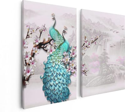 Artaza Canvas Schilderij Tweeluik Twee Blauwe Pauwen - Abstract - 80x60 - Foto Op Canvas - Canvas Print