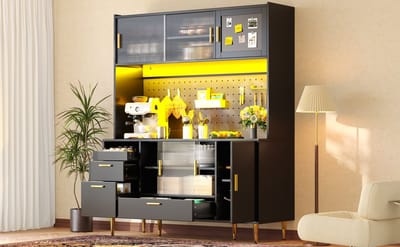 MIVRAY Buffetkast - Hoogglans Opbergkast Met LED En Schuifdeuren - Voor Keuken En Eetkamer - MDF Zwart - 140x40x180 Cm