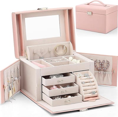 Sieradendoos met Spiegel en 3 Laden voor Vrouwen en Meisjes - Roze Opbergsysteem voor Armbanden, Oorbellen, Ringen en Kettingen