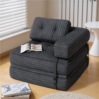 Bealife AR34 Slaapbank - 3-in-1 Opvouwbaar - Enkel - Corduroy - Verbeterde Armleuningen - Donkergrijs