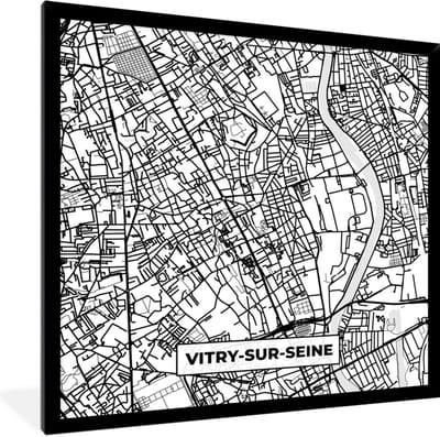 Fotolijst incl. Poster Zwart Wit- Kaart - Plattegrond - Vitry-sur-Seine - Frankrijk - Stadskaart - Zwart wit - 40x40 cm - Posterlijst