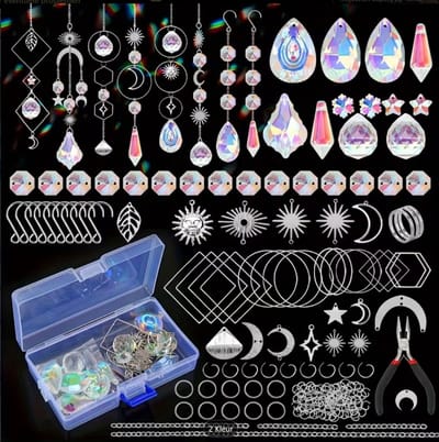DIY Raamhanger / Suncatcher Zelfmaak Set – Kristallen Prisma’s & Gouden Bedels – Creatieve Knutselset met Tangen – Regenboog Lichtreflectie