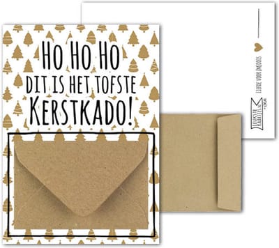 Geldkaart met mini Envelopje -> Kerst - No: 09 (HoHoHo dit is het Beste KerstKado - Kerstbomen goudkleurig) - LeuksteKaartjes.nl by xMar