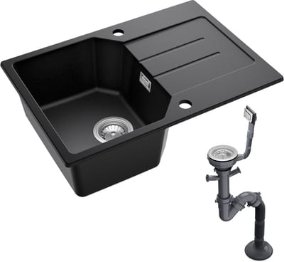 ANYCEE MAX Granieten Spoelbakken 65 x 45 cm - 1 Gootsteen Zwart Granieten - Spoelbak Keuken Met Snijplank en Waterafvoersysteem - Zwart