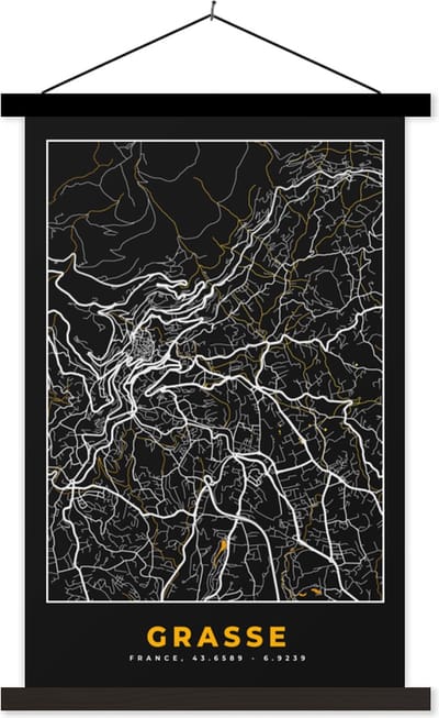 Posterhanger incl. Poster 40x60 cm - Schoolplaat - Frankrijk - Stadskaart - Grasse - Plattegrond - Kaart - Textielposter - Zwarte latten - Stadskaart