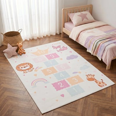 Tapiso Kids Kindervloerkleed Hinkelspel Speelkleed – Crème Roze Pastel Leeuw Giraf Meisjeskamer – Antislip Wasbaar 80x150