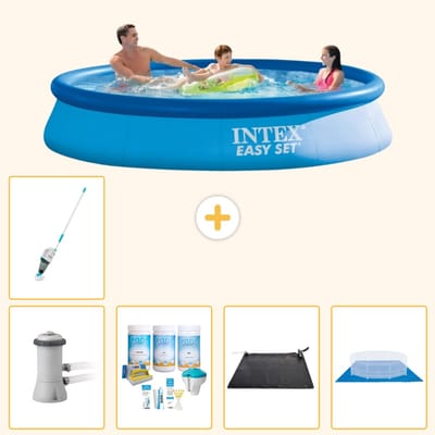 Intex Rond Opblaasbaar Easy Set Zwembad - 366 x 76 cm - Blauw - Inclusief Pomp - Onderhoudspakket - Solar Mat - Grondzeil - Stofzuiger - 6-delig