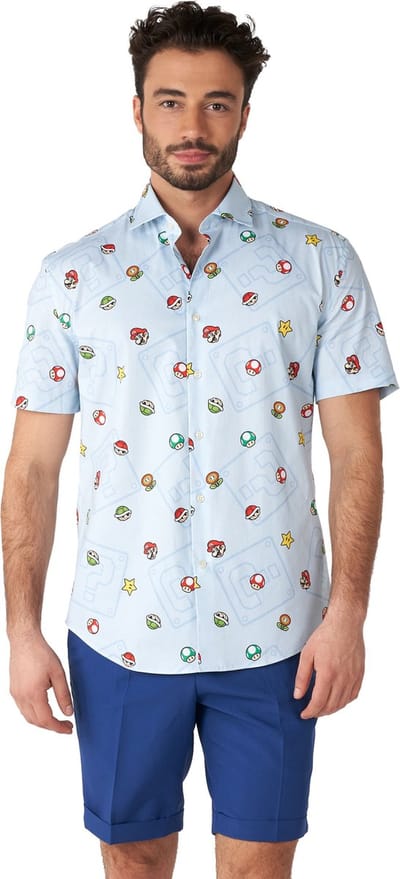 OppoSuits SHIRT Short Sleeve Super Mario Icons - Heren Overhemd - Carnavalskleding - Nintendo Overhemd - Blauw - Maat M