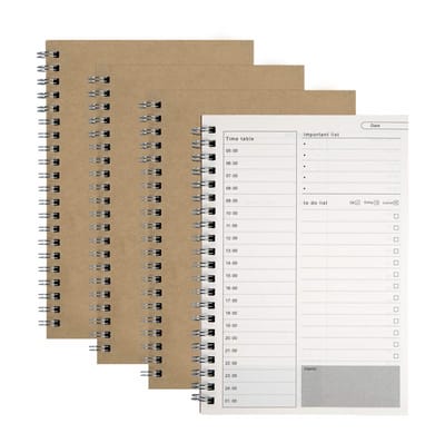 4-delige A5 Dagelijkse Planner Set – Spiraalnotitieboeken met 400 Pagina’s, Kraft Kaft en Tijdmanagement Indeling