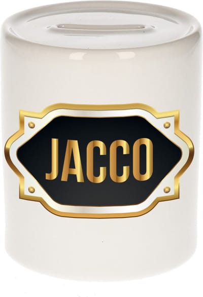 Spaarpot met voornaam Jacco - wit - met goud/zwart embleem - 8 x 9 cm - keramiek - met afsluitdop - cadeau verjaardag