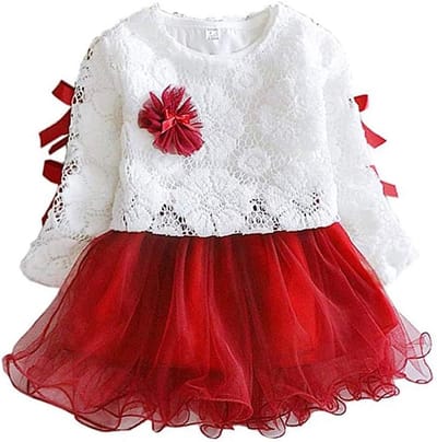 Lange Mouw Jurk voor Meisjes met Kant en Strik, Perfect voor Feestjes, Verjaardagen en Dagelijks Gebruik (Rood, 70cm)