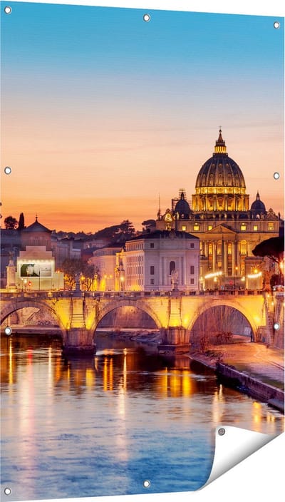 Gards Tuinposter Engelenbrug in Rome bij Zonsondergang - 80x120 cm - Tuindoek - Tuindecoratie - Wanddecoratie buiten - Tuinschilderij
