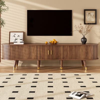 Pugsdrly TV-kast 175 cm rotan schuifdeur walnootlook veel opbergruimte landhuisstijl MDF open vakken lades natuurlijk design