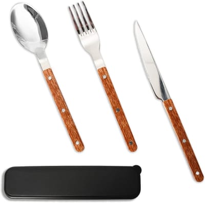 Roestvrijstalen bestekset met mes, vork en lepel, herbruikbaar voor reizen en lunchtrommel, inclusief zwarte opbergdoos en houten look handvatten