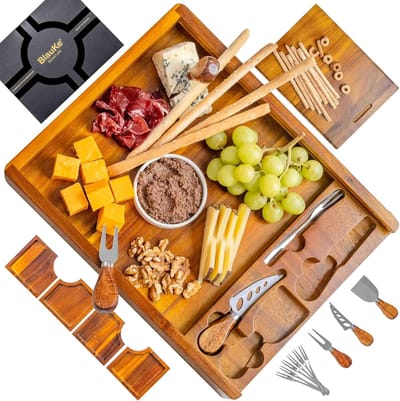 SnelShoppen - Houten Kaasplank en Messenset - Serveerplank Dienblad van Acacia Hout met Serveerschalen en Kaasmesjes - Upgrade van Bamboe Charcuterie