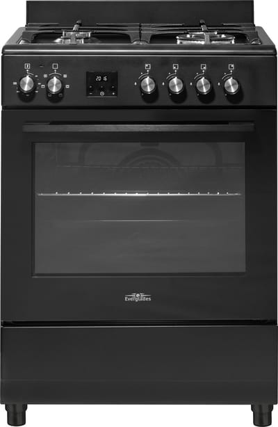 Everglades EVCK6020 - Gasfornuis - Mat Zwart - 60CM - Hoogte 89 - 92CM - Gietijzeren Pannendragers - Wokbrander - Digitale Timer - 8 Ovenstanden - Hete Lucht Oven - 56 Liter - 5 Jaar Garantie