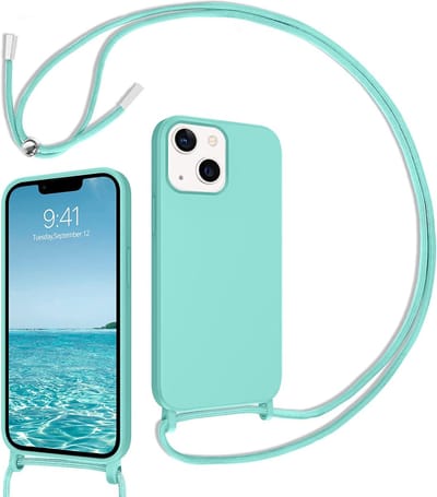 Casemania Hoesje Geschikt voor Apple iPhone 14 - Turquoise - Siliconen Back Cover met Koord - Telefoonhoesje met Koord - Crossbody Lanyard Cord Case