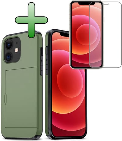 Hoes Geschikt voor iPhone 11 Hoesje Hard Case Met Pas Houder Met Screenprotector - Hoesje Geschikt voor iPhone 11 Hoes Shockproof Hard Cover Met Kaarthouder - Donkergroen