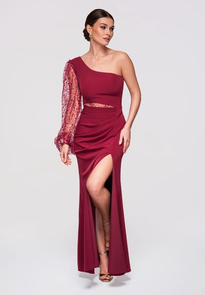 LARICA Jurk - Lange Mouw - Rits - Effen Bordeaux S