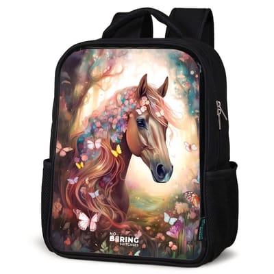 NoBoringSuitcases.com® - Rugzak zwart - Schooltas jongen & meisje - Paard - Vlinders - Kleurrijk - Rugtas voor school - Boekentas kind - Schoolrugzak - Kinderrugzak
