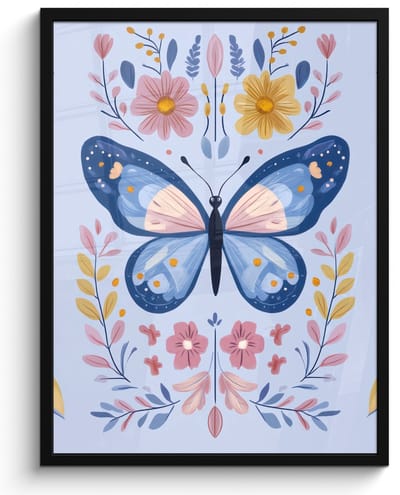 Poster in lijst - Fotolijst 50x70 cm - Posters - Vlinder - Lichtblauw - Sierlijk - Bloemen - Posterlijst zwart - Decoratie - Wanddecoratie woonkamer - Muurdecoratie slaapkamer