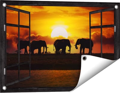 Gards Tuinposter Doorkijk Silhouet Olifanten tijdens Zonsondergang - 60x40 cm - Tuindoek - Tuindecoratie - Wanddecoratie buiten - Tuinschilderij