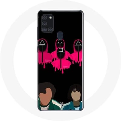 Coque Samsung Galaxy A21S Squid Game Seong Gi hun et Kang Sae Byeok Masques Triangle carré et Cercle