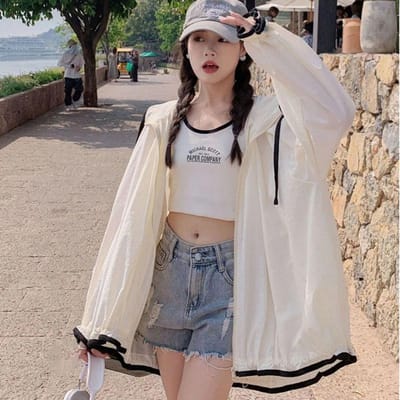 Mode Jas met Capuchon Zonnebescherming Dames Zomer Lange Mouw Dunne Ademende Jas Vrouwelijk Koreaanse Streetwear Zonwerende Kleding S abrikoos