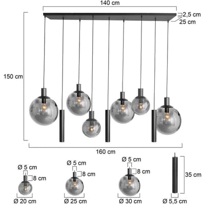 Hanglamp Bollique New 3798ZW Zwart 9 lichts Hoogteverstelbaar van Glas en Metaal 150x55 cm Steinhauer Trendy Binnen