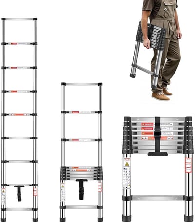 Telescopische ladder - Verlengladder inklapbaar - Werkzaamheden op hoogte - Verbrede stabiele treden - 26 meter - Zilver