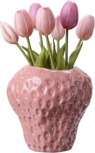 Famanu - Aardbei vaas van dolomiet – Decoratieve vazen – Decoratie voor woonkamer of slaapkamer – Deco bloemenvaas in roze van hoogwaardig materiaal met elegante vorm, modern design, modern accent voor woonkamer of eettafel