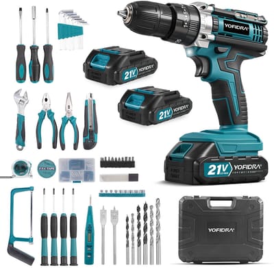 Yofidra Accuboormachine - 60Nm Accuboorschroefset - met 2x accu's & 53x Accessoires - 21V Boormachine - 25+3 Standen - 2 Snelheden - Gereedschapskit - voor Thuis & Klussen