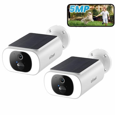 ieGeek 5 MP bewakingscamera met 5000 mAh-accu, draadloze buitencamera met ingebouwd zonnepaneel van 6 W, AI-herkenning van personen en voertuigen 2PCS