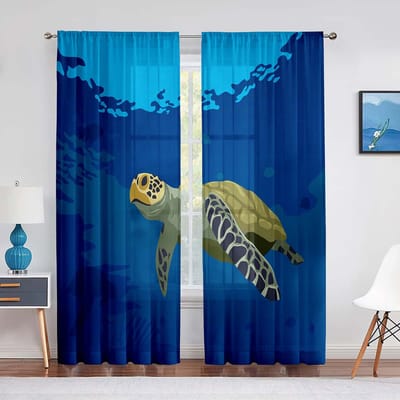 Cartoon Zeeschildpad Tule Gordijnen voor Woonkamer Decoratie Mariene Dieren Inktblauw Chiffon Transparant Voile Keuken Slaapkamer Gordijn 1 PCS W100XH250cm&Grommet Top