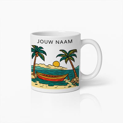 Tropische Strandmok met Palmbomen en Boot – Gepersonaliseerde Vakantie Koffiebeker met Jouw Naam