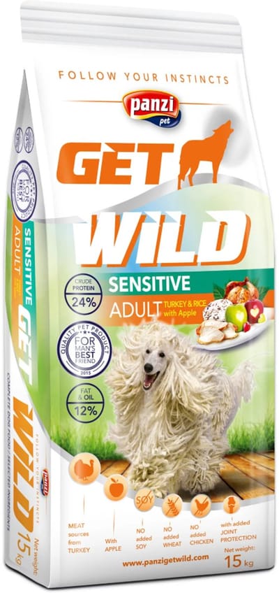 Get Wild - Hypoallergeen hondenvoer - Hondenbrokken met kalkoen smaak - Voor middelgrote honden met gevoelige maag/darmen -15kg