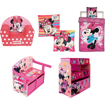 Minnie Mouse slaapkamerset; Dekbedovertrek, kussen, speelgoedbank, kast en stoel