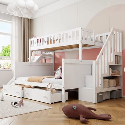 Kinderstapelbed 90x200/140x200 - Met Glijbaan En Plank - Veiligheidstrappen En 2 Grote Lades - Massief Hout - Wit